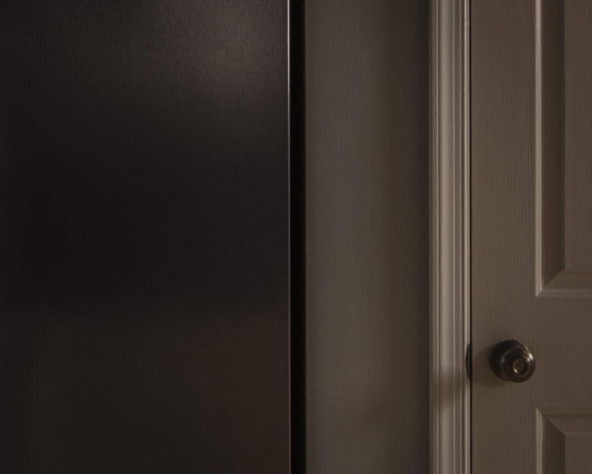 Portion of shiny silver refrigerator next to portion of wooden pantry door